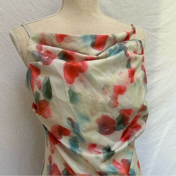 NO BRAND Cowl Watercolor Maximalist Dress Cream Red Split Hem Size 2 XS Small - Picture 2 of 7
